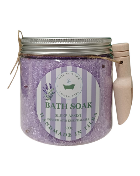 Bath Patisserie Sleep Assist Bath Soak. Epsom and sea salts with chamomile, lavender & lemon essential oils in a labeled jar.