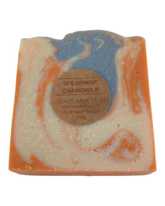 Spearmint & Chamomile scented goats milk soap bar with swirl pattern