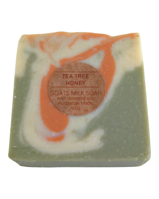 Tea Tree & Honey scented goats milk soap bar with swirl pattern