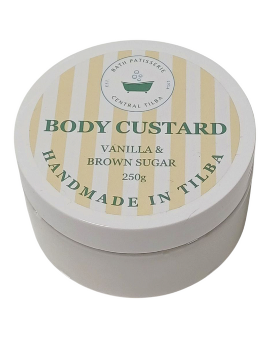 Bath Patisserie Vanilla & Brown Sugar Scented Body Custard – white coloured nourishing custard in labelled jar.