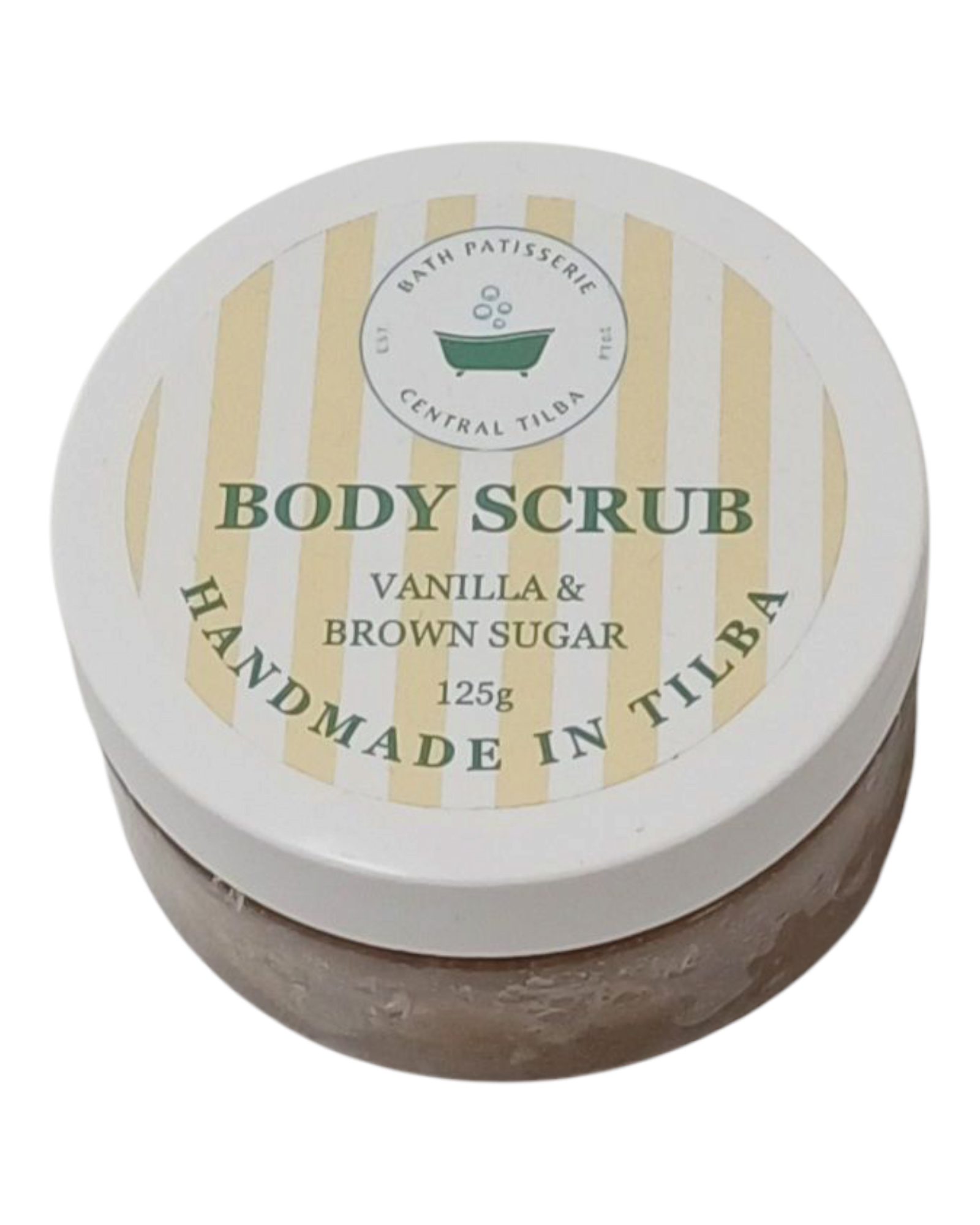 Bath Patisserie Vanilla & Brown Sugar scented Body Scrub – exfoliating scrub in a labelled jar.