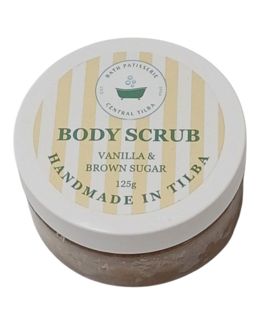 Bath Patisserie Vanilla & Brown Sugar scented Body Scrub – exfoliating scrub in a labelled jar.