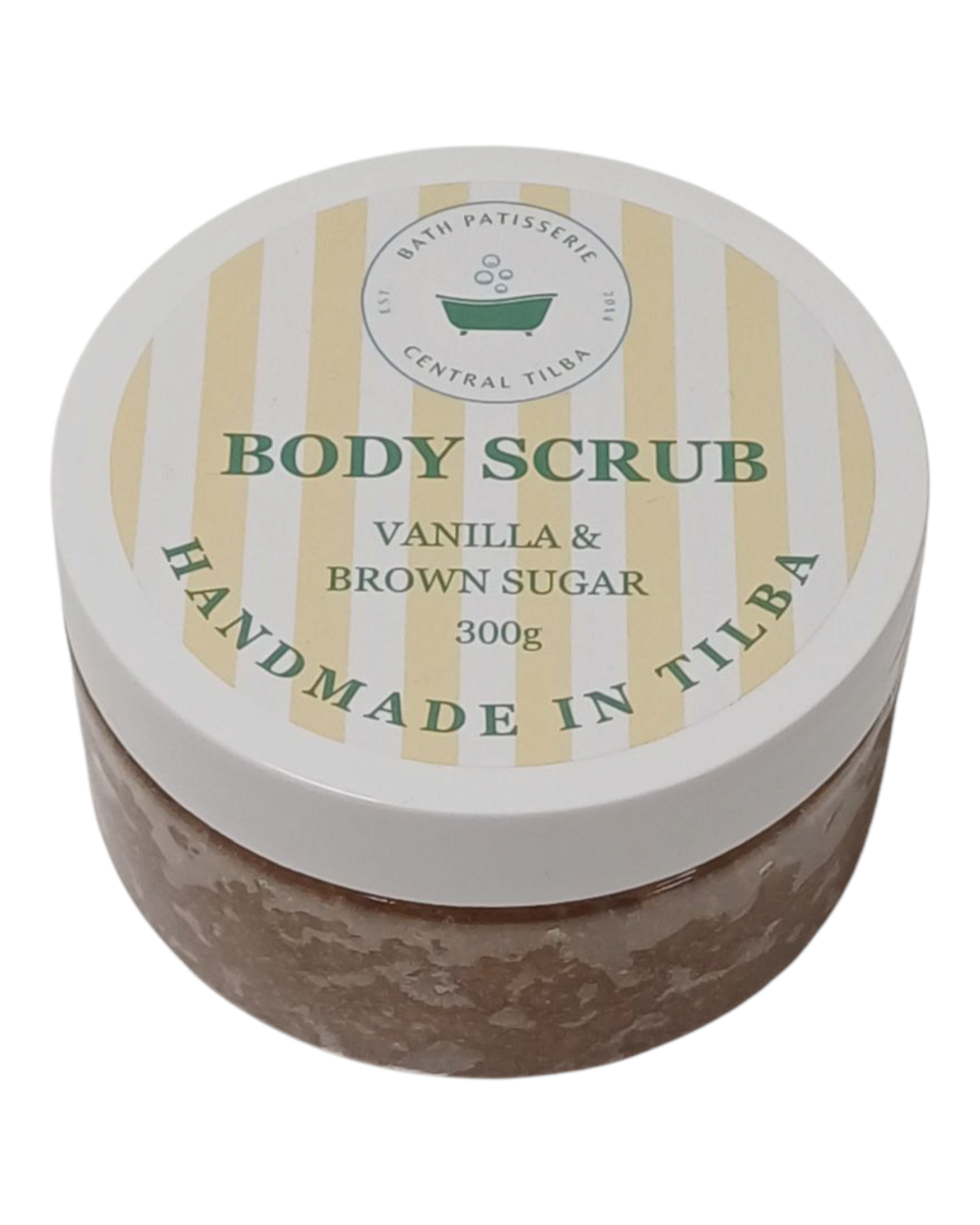 Bath Patisserie Vanilla & Brown Sugar scented Body Scrub – brown exfoliating scrub in a labelled jar.
