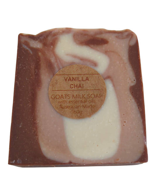Vanilla Chai scented goats milk soap bar with swirl pattern
