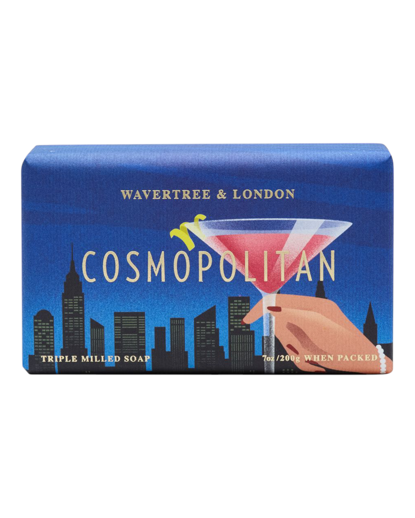 Packaged soap with a picture of a skyline and Cosmopolitan drink with a Cosmopolitan fragrance