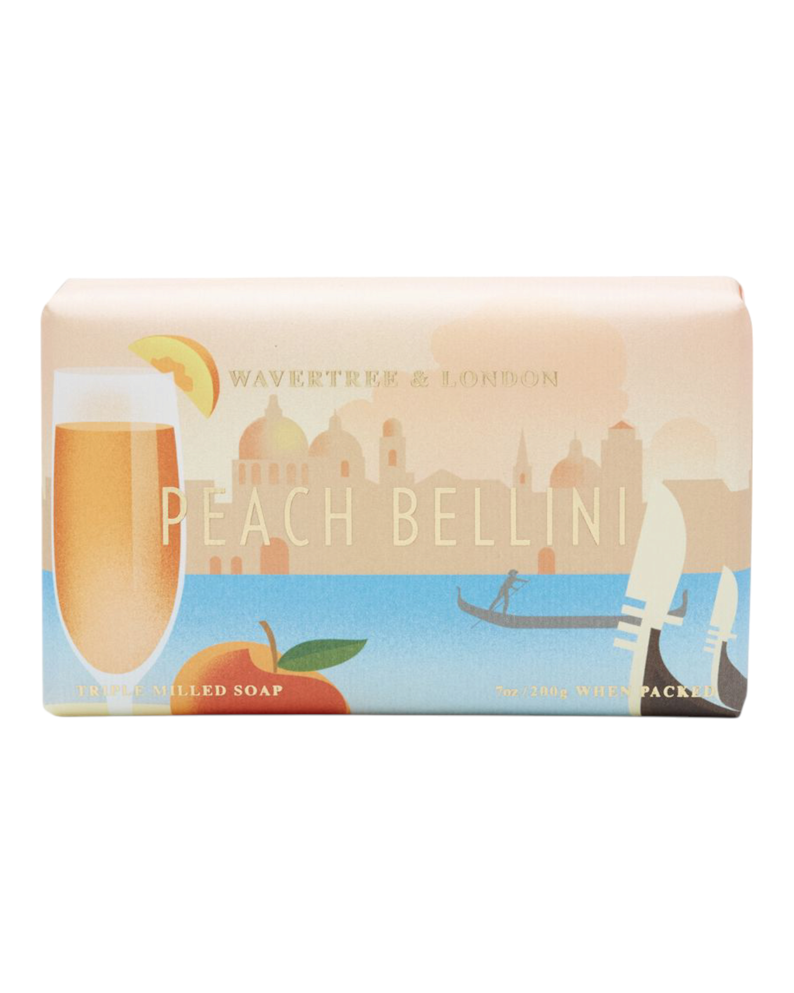 Packaged soap with picture of Venice and a Peach Bellini drink. Peach Bellini scented