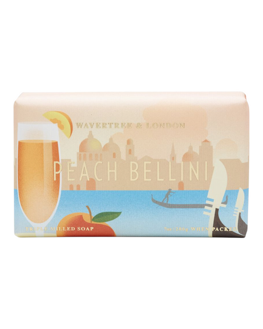 Packaged soap with picture of Venice and a Peach Bellini drink. Peach Bellini scented