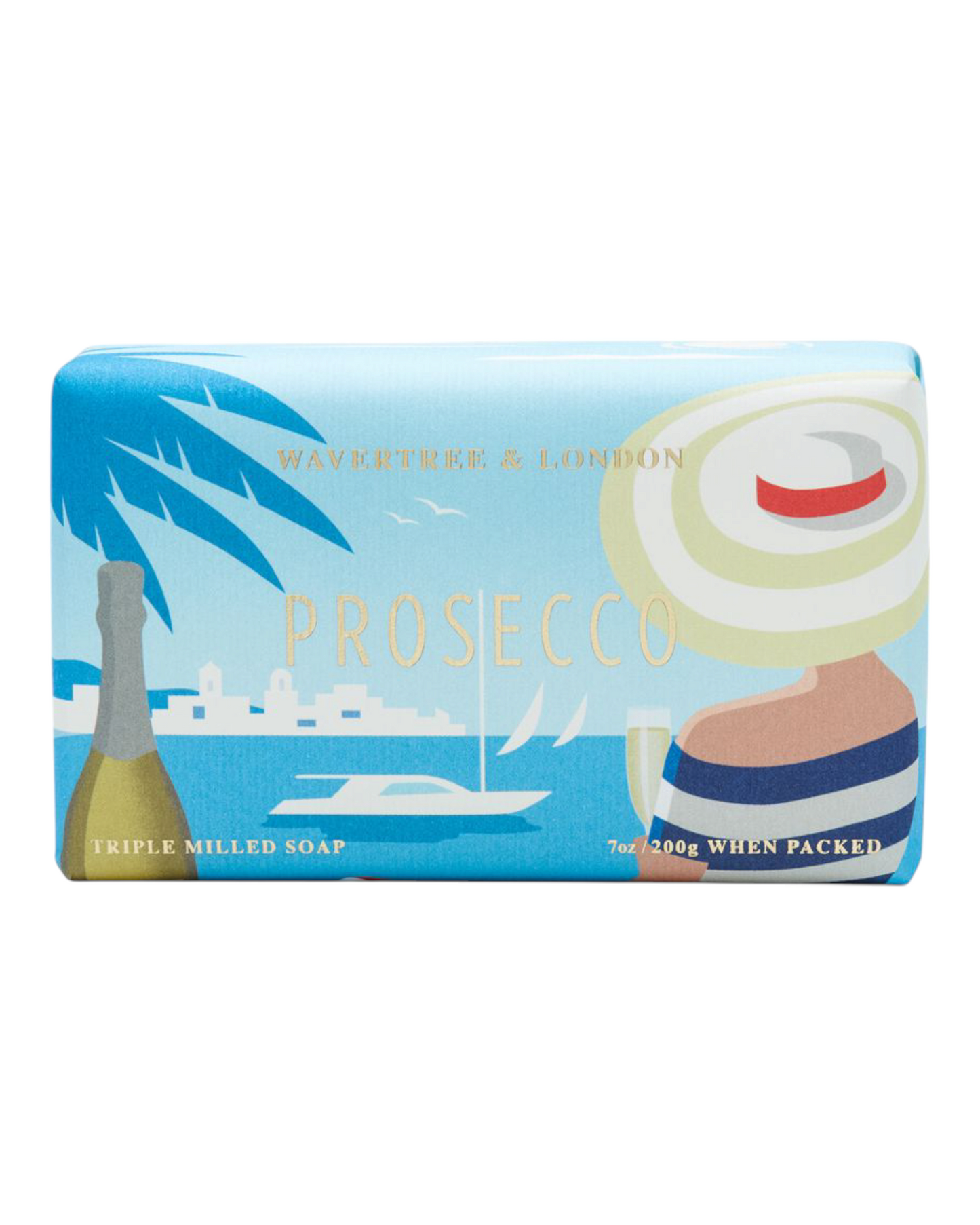 Packaged soap Prosecco scented with a picture of lady and coastline