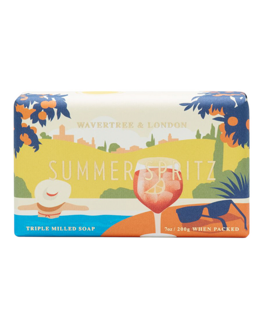 Packaged soap with a Summer Spritz fragrance and picture of a summer setting