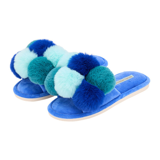 Pom Pom Luxe Slippers - Multi Blue