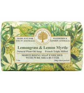 A packaged bar of Wavertree & London Lemongrass & Lemon Myrtle soap with green leafy designs and product information displayed on the wrapper.